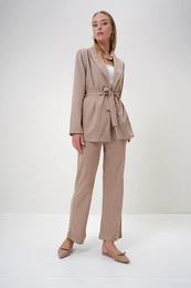Trend Alaat Stili Women's Beige Shawl Collar Self-Belted Jacket and Palazzo Trousers Set