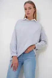Trend Alaat Stili Women's Grey Melange Crew Neck Basic Oversize Long Sweatshirt