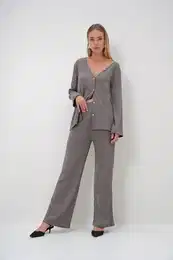Trend Alaat Stili Women's Mink V Neck Stone Buttoned Cardigan and Trousers Bottom Top Set