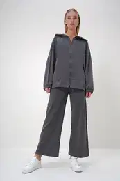 Trend Alaat Stili Women's Anthracite Polo Collar Zippered Jacket and Trousers Set