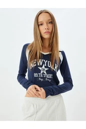 Polo Neck T-Shirt Crop Long Sleeve College Printed Slim Fit