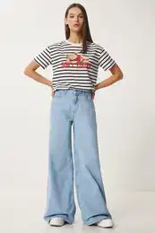 Happiness stanbul Women's Light Blue Mid Waist Wide Leg Jeans