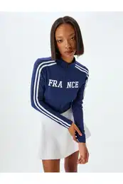 Crop T-Shirt Zippered Long Sleeve Slogan Printed Stand Collar Piping Slim Fit