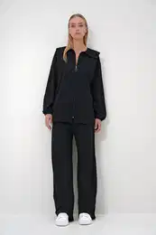 Trend Alaat Stili Women's Black Polo Collar Zippered Jacket and Trousers Set