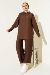 6684 Wide Leg Trousers Tunic Two Piece Set - Brown