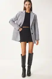 Happiness stanbul Women's Gray Leather Detailed Winter Blazer Jacket