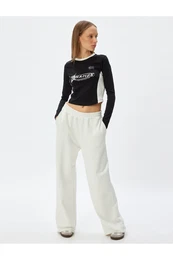 Crop T-Shirt Long Sleeve Slogan Printed Color Block Crew Neck Slim Fit