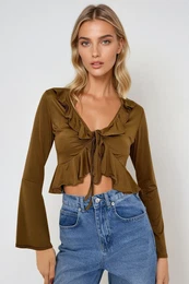 Trend Alaat Stili Women's Brown Front Tie Spanish Sleeve Ruffle Detailed Knitted Blouse