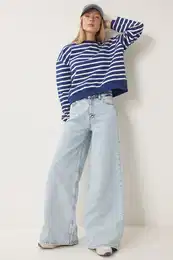 Happiness stanbul Women's Ice Blue Mid Waist Wide Leg Jeans