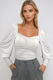 Trend Alaat Stili Women's White Kiss Collar Princess Sleeve Front Draped Sandy Blouse