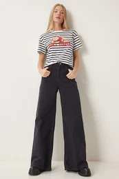 Happiness stanbul Women's Black Mid Waist Wide Leg Jeans