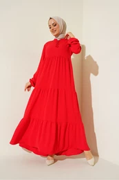 1627 Collar Lace-Up Hijab Dress - Red