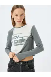 Slogan Printed Long Sleeve Slim Fit T-Shirt with Stitching Detail