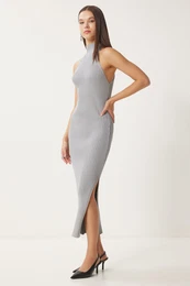 Happiness stanbul Women's Stone Open Shoulder Wrapped Ribbed Knitted Dress