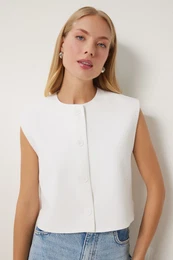 Happiness stanbul Women's White Buttoned Crop Woven Vest