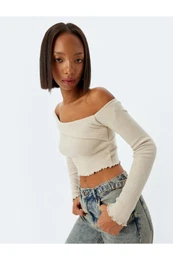 Crop T-Shirt Long Sleeve Camisole Asymmetric Collar Ruffle Detail Slim Fit