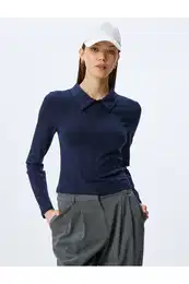 Polo Collar Zippered Stitched Detail Slim Fit Long Sleeve T-Shirt