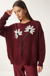 Happiness stanbul Women's Burgundy Floral Detailed Knitwear Sweater