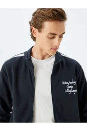 Stand Collar College Embroidered Piping Cotton Zippered Cardigan