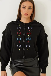 Women's Collar Detailed Embroidered Knitwear Cardigan
