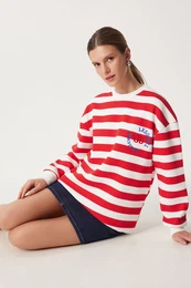 Happiness stanbul Women's Ecru Red Embroidered Raised Knitted Sweatshirt