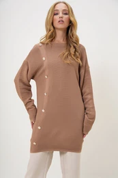 Trend Alaat Stili Women's Biscuit Crew Neck Gold Button Detailed Knitwear Tunic
