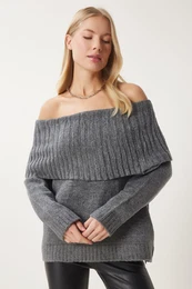 Happiness stanbul Women's Gray Madonna Collar Knitwear Sweater