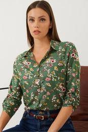Women's Folded Sleeve Patterned Viscose Shirt