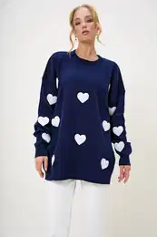 Trend Alaat Stili Women's Navy Blue Crew Neck Heart Embroidered Oversize Knitwear Sweater