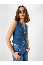 Sleeveless Buttoned V Neck Denim Vest - Slim Fit