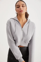 Delia Women's Crop 3 Yarn Raised Knit Relaxed Fit Zippered Hooded Gray Sweatshirt