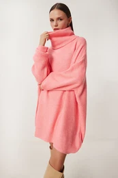 Happiness stanbul Women's Pink Turtleneck Long Knit Sweater