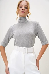 Trend Alaat Stili Women's Gray Turtleneck Half Sleeve Knitwear Blouse