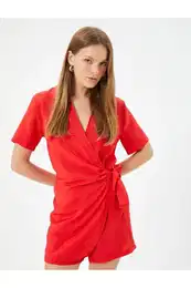 Double Breasted Shorts Overalls Shirt Collar Tie Detailed Short Sleeve