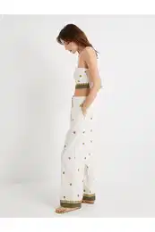 Wide Leg Trousers High Waist Floral Pocket Viscose Blend