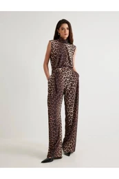 Leopard Patterned Palazzo Trousers with Pockets and Viscose Fabric Pleat Detail