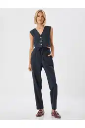 Striped High Waist Cigarette Trousers with Pockets and Waist Tie