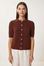 Happiness stanbul Women's Brown Stylish Bow Button Bearded Knitwear Cardigan