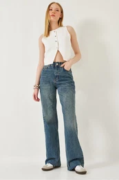 Women's Straight Wide High Waist Cut Leg Long Denim Washed Trousers