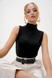 Trend Alaat Stili Women's Black Stand Collar Two Thread Sleeveless Blouse