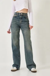 Women's Straight Wide High Waist Leg Cut Long Denim Washed Trousers 1077