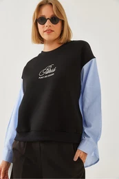 Women's Crew Neck Shirt Sleeve Garnish 3 Thread Inside Raised Embroidered Sweatshirt