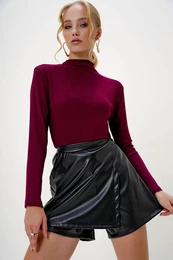 Trend Alaat Stili Women's Burgundy Half Turtleneck Two Thread Blouse