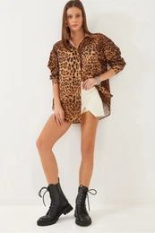 Women's Leopard Patterned Oversize Basic Shirt
