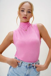 Trend Alaat Stili Women's Pink Stand Collar Two Thread Sleeveless Blouse