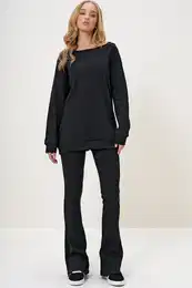 Trend Alaat Stili Women's Black Boat Neck Camisole Oversize Blouse and Bell-bottom Trouser Set