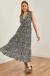 Women's Daisy Black Double Breasted Collar Patterned Maxi Knitted Dress