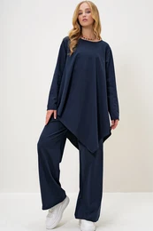 Trend Alaat Stili Women's Navy Blue Modal Fabric Crew Neck Asymmetric Cut Long Tunic and Trouser Set