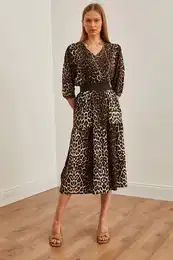 Women's Leopard Black V-neck Elastic Waist Midi Woven Viscose Dress