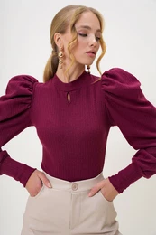 Trend Alaat Stili Women's Claret Red Crew Neck Drop Neck Princess Sleeve Knitwear Blouse